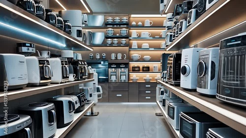 Modern Appliance Store with Shelves Full of Kitchen Equipment Including Coffee Makers, Toasters, and Air Fryers

