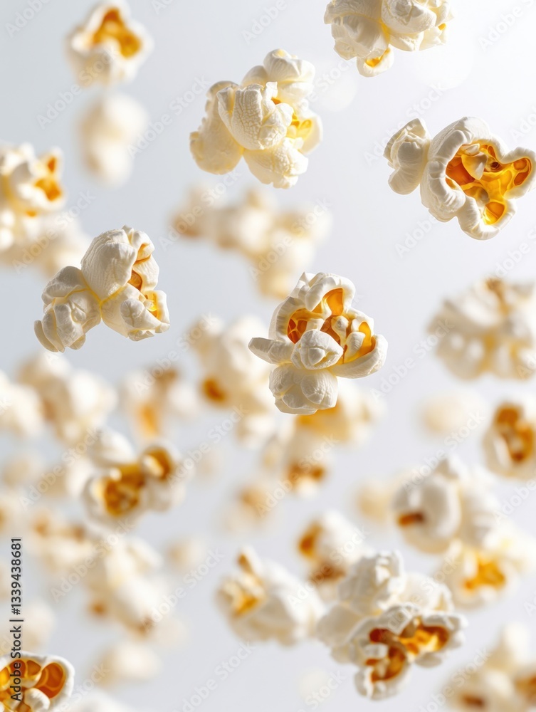 Delightful popcorn floating gracefully against a bright background capturing a sense of weightlessness and joyful anticipation for a movie night treat Delightful popcorn floating gracefully against a bright background capturing a sense of weightlessness and joyful anticipation for a movie night treat