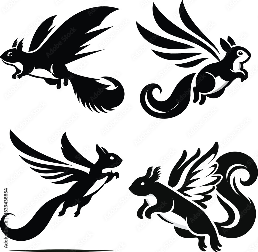 Fototapeta premium Flying Squirrel Silhouette Vector | Gliding Rodent Clipart | Black and White Squirrel Illustration | Wildlife Icon