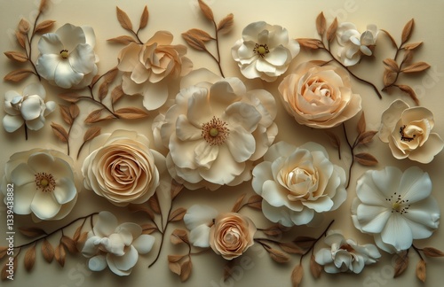 Elegant Floral Composition Features Peach, Orange, and White Flowers With Lea...