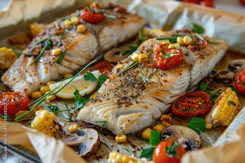 White fish steak with tomatoes and corn on baking sheet. Fish on parchment White fish steak with tomatoes and corn on baking sheet. Fish on parchment