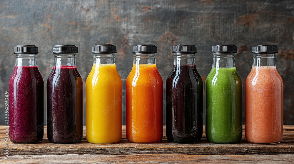 Assorted flavored smoothie juices in bottles showcase a variety of detox options made with fresh fruits and vegetables, highlighting both health and vibrant flavors in these delightful smoothies Assorted flavored smoothie juices in bottles showcase a variety of detox options made with fresh fruits and vegetables, highlighting both health and vibrant flavors in these delightful smoothies