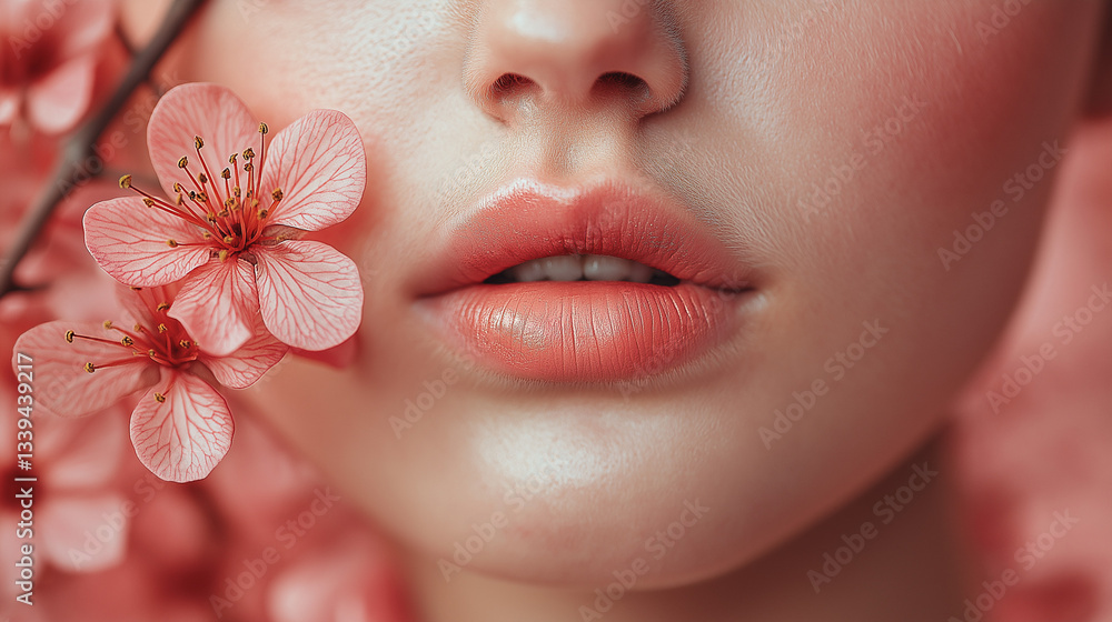 A woman's lips are highlighted, showing a soft coral shade, complemented by blooming pink flowers nearby. The warm sunlight enhances the vibrant colors and creates a serene atmosphere A woman's lips are highlighted, showing a soft coral shade, complemented by blooming pink flowers nearby. The warm sunlight enhances the vibrant colors and creates a serene atmosphere