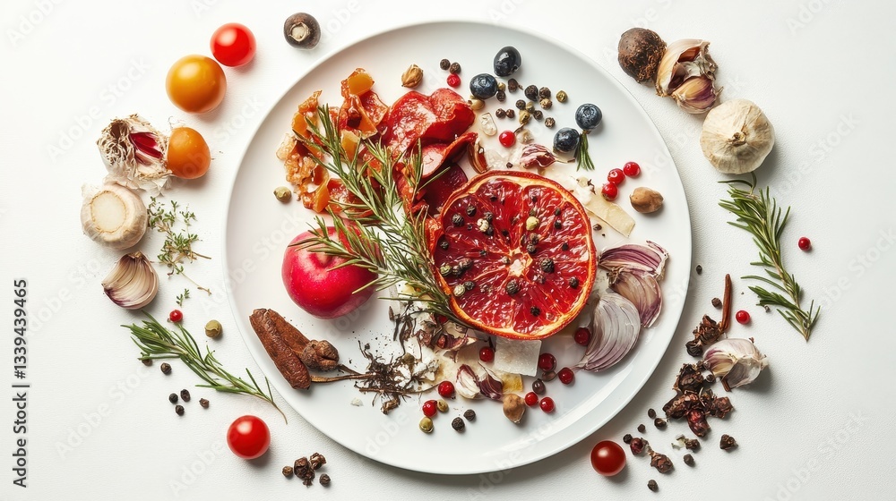 Assortment of food arranged in a plate on a white surface Assortment of food arranged in a plate on a white surface