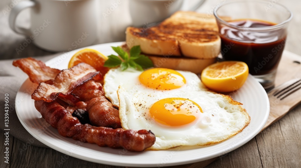 Delicious and Hearty American Breakfast: A feast of fried eggs, crispy bacon, savory sausages, and toasted bread Delicious and Hearty American Breakfast: A feast of fried eggs, crispy bacon, savory sausages, and toasted bread