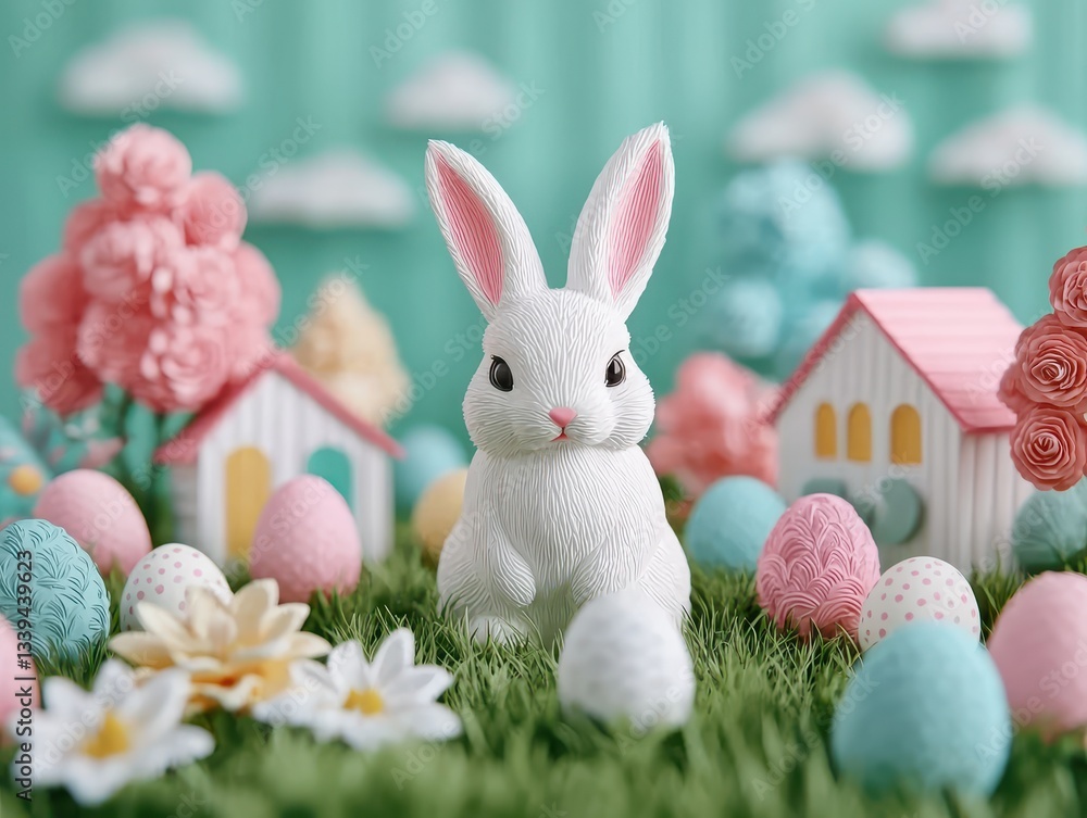 Fototapeta premium Easter holiday with pastel colors. A decorative scene featuring a bunny surrounded by colorful eggs and pastel houses.