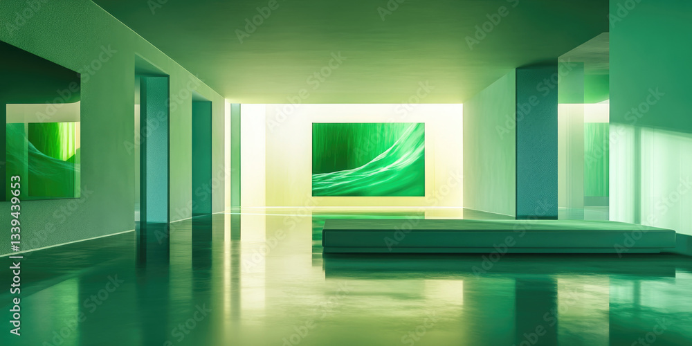 Green Hallway with Neon Lights: Empty Space and Modern Design, Reflective Floor and Framed Panels, a Futuristic and Minimalist Scene. Green Hallway with Neon Lights: Empty Space and Modern Design, Reflective Floor and Framed Panels, a Futuristic and Minimalist Scene.