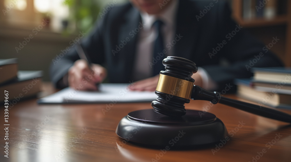 Close-Up of a Glossy Black Gavel Resting on a Stately Wooden Desk in a Law Office Close-Up of a Glossy Black Gavel Resting on a Stately Wooden Desk in a Law Office