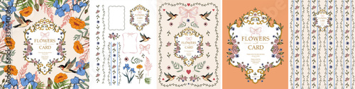 Flowers. Floral card. Vector classic vintage illustration of rich baroque frame, aesthetic elements, elegant pattern, irises, marigolds and bird for greeting card, wedding invitation or background
