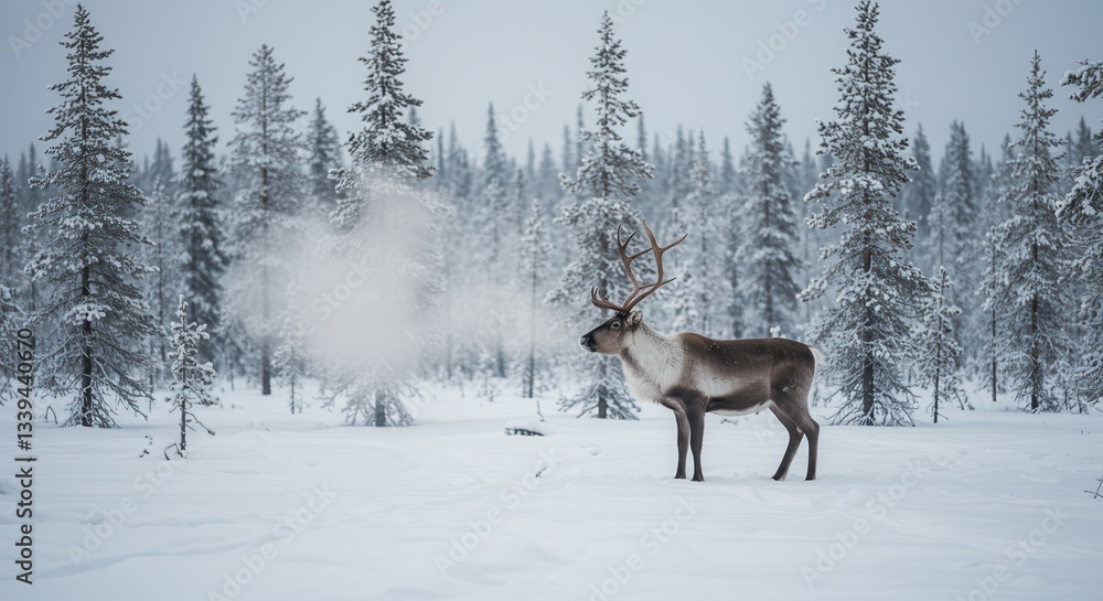 Reindeer Standing in a Snowy Forest During Winter Wildlife Scene Reindeer Standing in a Snowy Forest During Winter Wildlife Scene