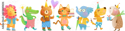 Fun cartoon party animals wearing clothes and celebrating birthday. Hand drawn funny whimsical animals, playful characters for children. Vector zoo clip art illustration collection for kids.