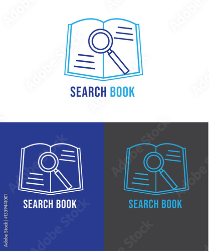 Search book logo, open book logo with magnifying glass 