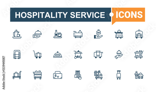 Hospitality Service vector icon set. Contains such icons as bed, room, building, vacation, clean. Room Service icon set. Flat UI icons. Solid line editable stroke. Vector collection.