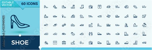 Shoe simple icon set. Contain linear sign fashion, foot, footwear, heel and more. Outline icons collection. Leather icon set. Solid line editable stroke.