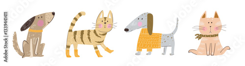 Cats and dogs modern print design, hand drawn in pencil scribble style. Animals nursery art, modern print for t-shirt. Artistic hand drawn animals vector decorative design.