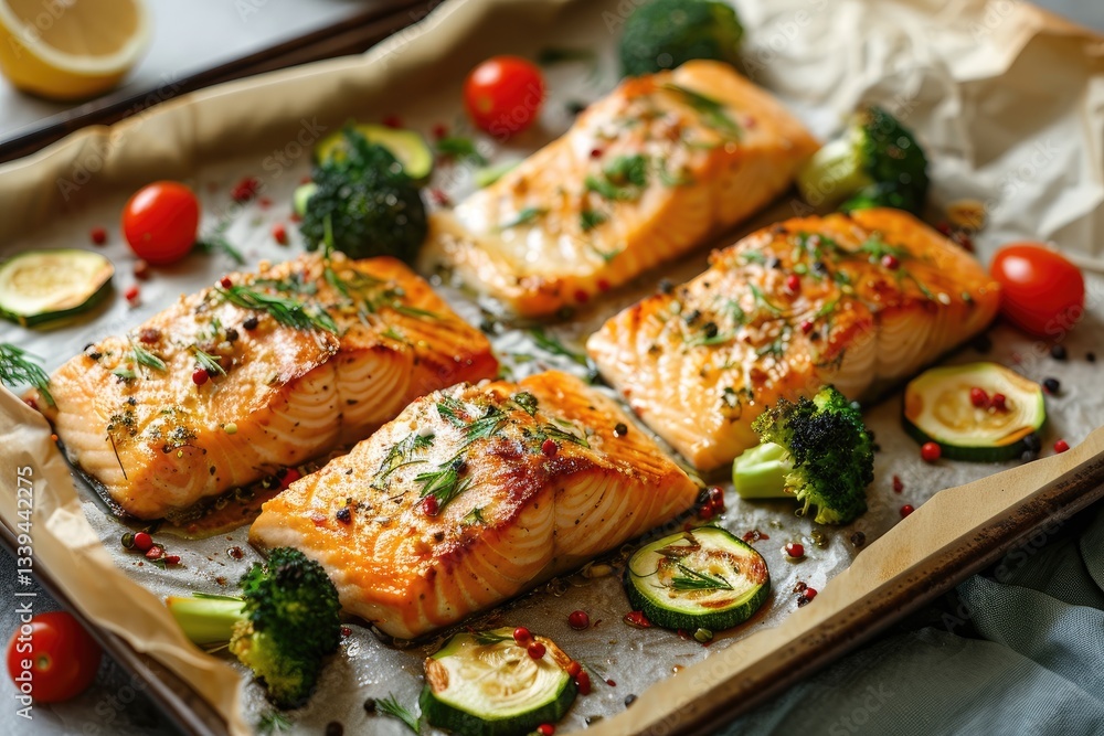 Salmon steak with broccoli and lemons on baking sheet. Fish steaks with tomatoes on parchment Salmon steak with broccoli and lemons on baking sheet. Fish steaks with tomatoes on parchment