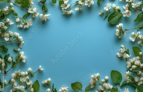 White Blossom Branches Frame Light Blue Background Creating Copy Space