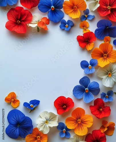 Colorful Collection of Garden Flowers Creates a Frame on a White Surface