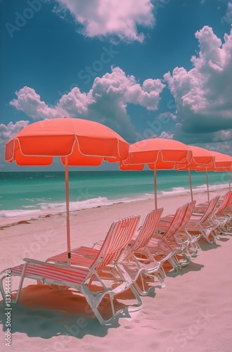 Red Umbrellas and Lounge Chairs on White Sand Beach Under Cloudy Sky