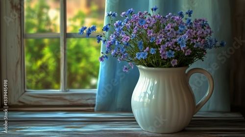 Forget-me-nots Arrangement in White Pitcher Stands on Wooden Table