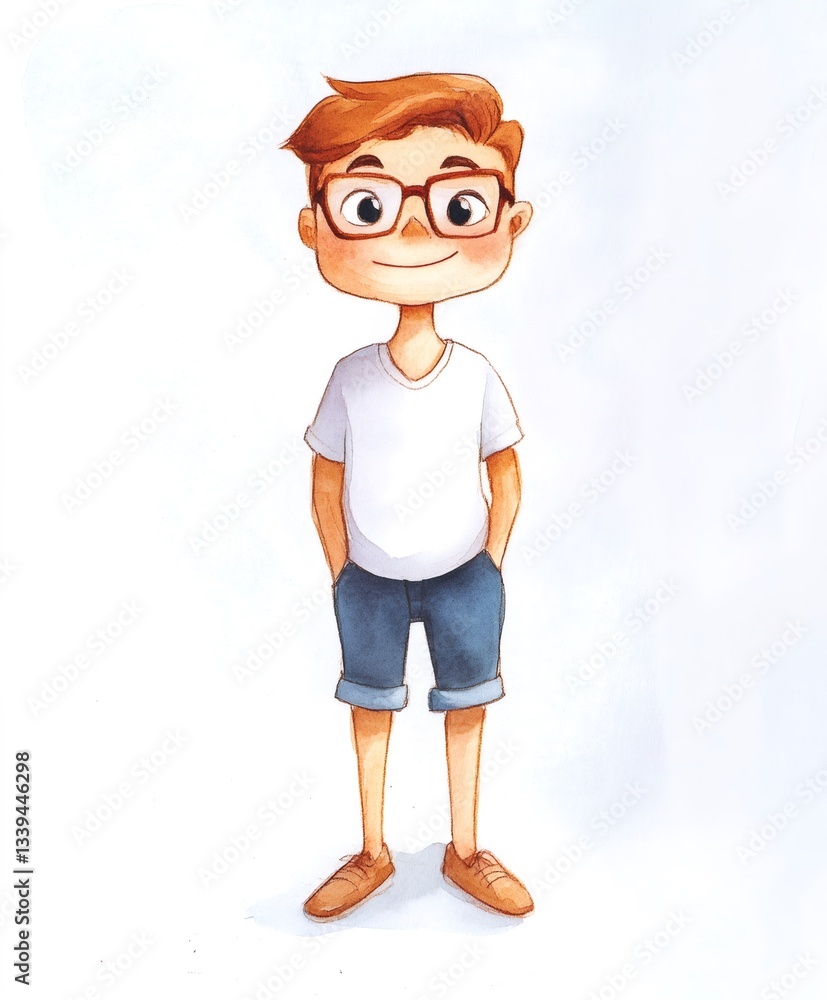 Portrait of smiling boy wearing glasses, white t shirt and shorts, standing with hands in pockets Portrait of smiling boy wearing glasses, white t shirt and shorts, standing with hands in pockets