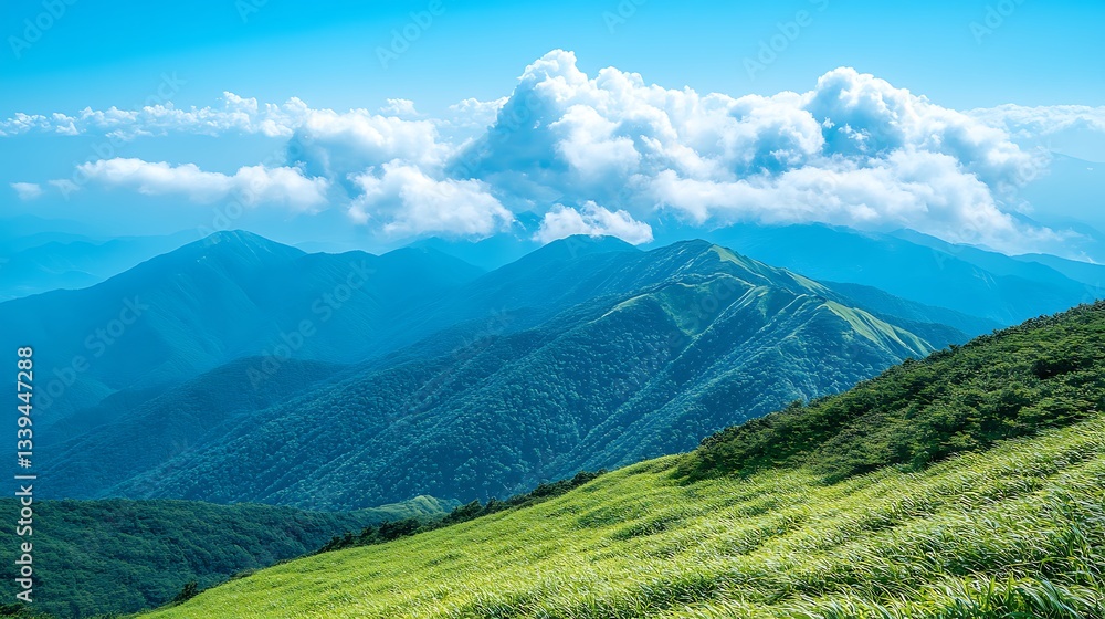Fototapeta premium Panoramic view of lush green mountain range under a vibrant blue sky with fluffy clouds.