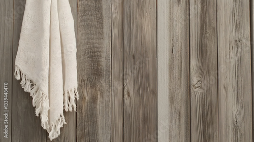 Rustic Charm: A close-up shot of a soft, beige towel gracefully draped against a weathered wooden wall, creating a serene and inviting atmosphere