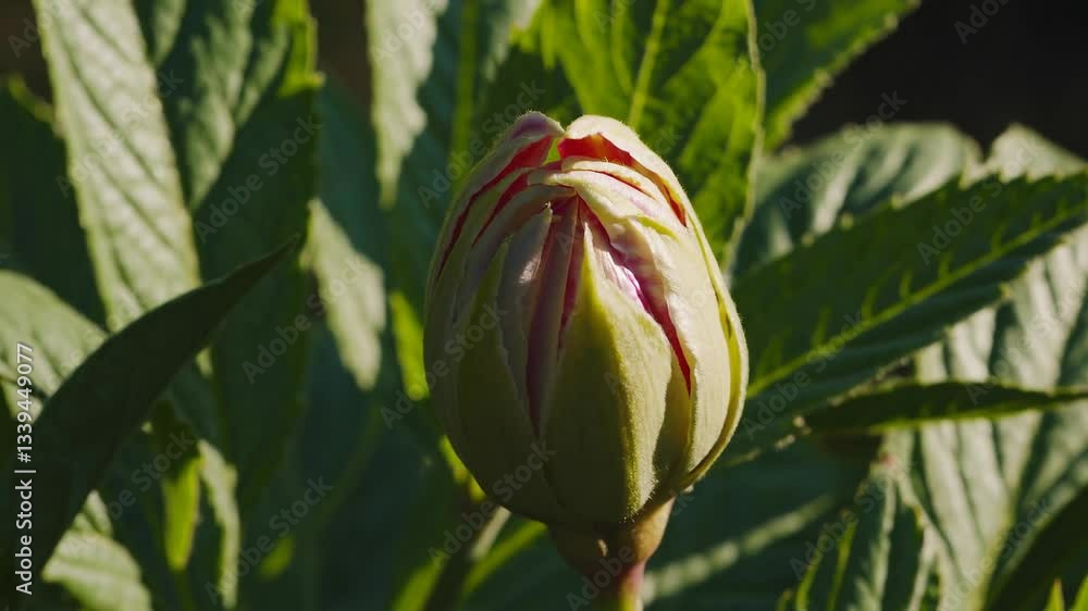 Timelapse blooming flower in garden with green leaves and sunlight Timelapse blooming flower in garden with green leaves and sunlight