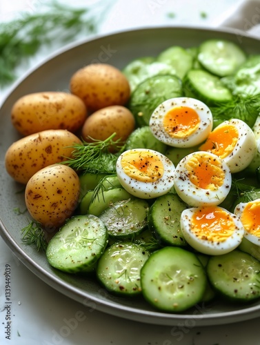 Delicious Cucumber Salad With Boiled Eggs and Small Potatoes in a Bowl for Meal