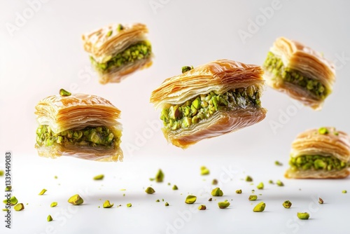 Delicious baklava pieces floating with pistachios on white background