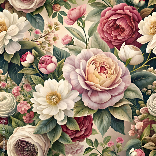 Vintage Floral Pattern. Romantic Pink and White Roses in Bloom