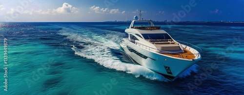 Luxury Yacht Speeds Through the Deep Blue Ocean During Daytime