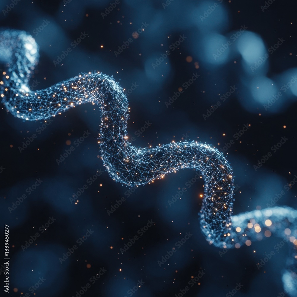 Abstract digital helix structure with glowing points on dark blue background for science and technology Abstract digital helix structure with glowing points on dark blue background for science and technology