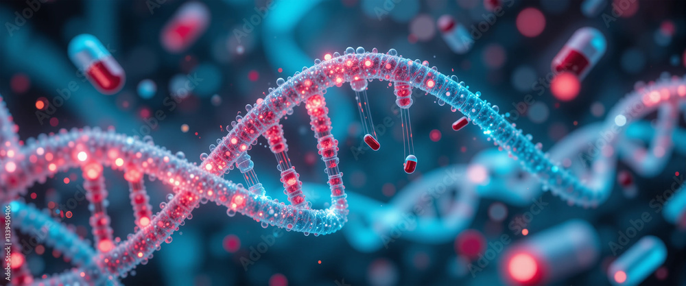 Obraz premium Futuristic pharmacogenomics: ai-driven genetic medicine & biotech innovations.