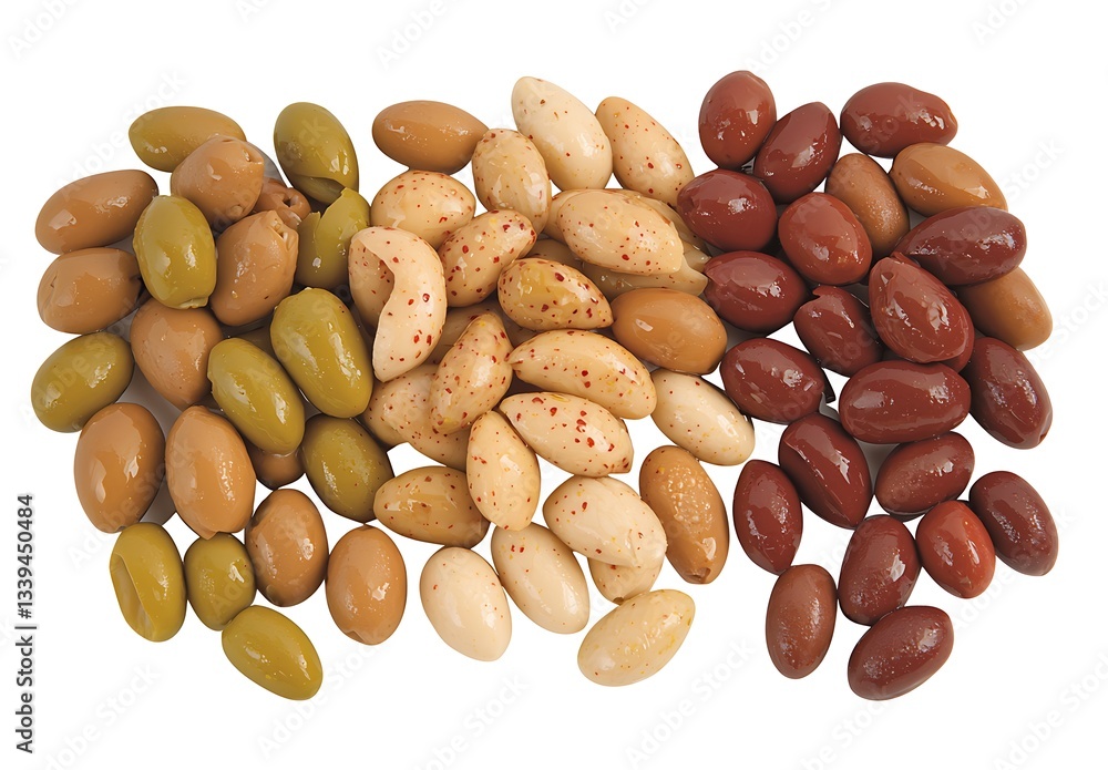 Obraz premium Olives, arranged in a row, on white background, food presentation, culinary use
