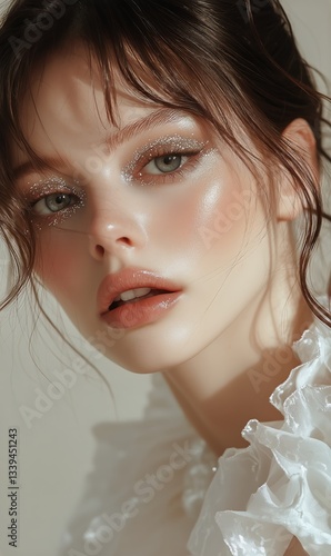 Glamorous Woman With Glitter Makeup Poses for Beauty Portrait in Studio Shot