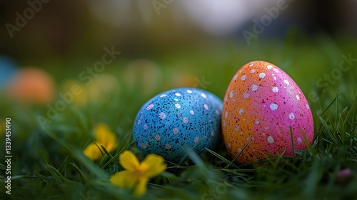 Painted Easter Eggs Lying on Green Grass in the Spring Season