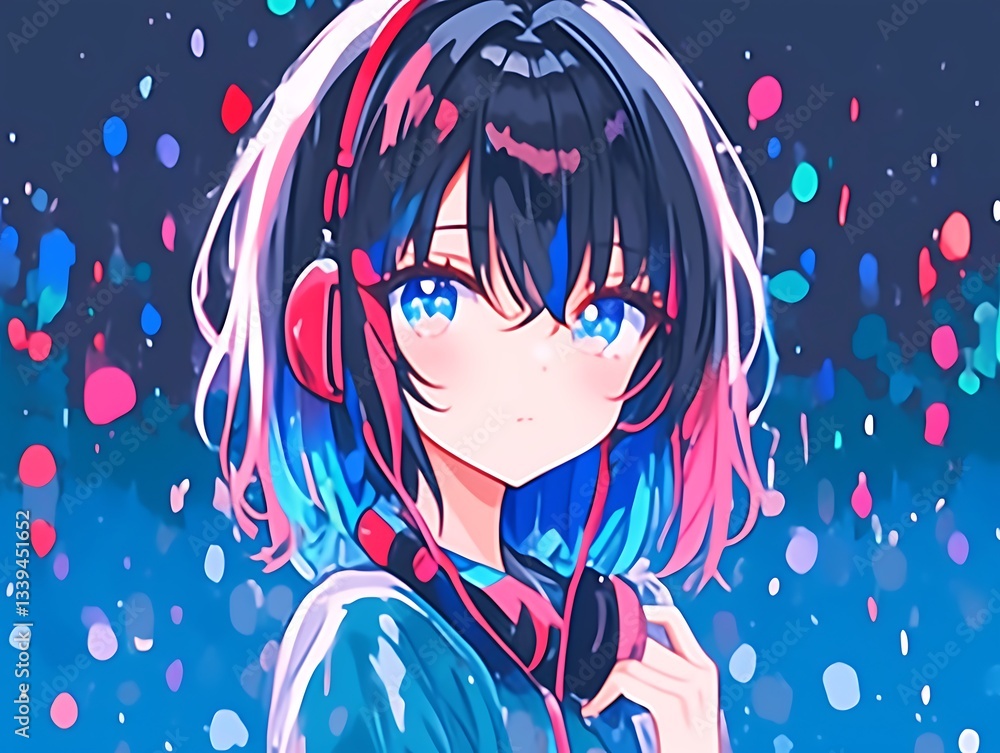 Anime girl with headphones, colorful background. Anime girl with headphones, colorful background.