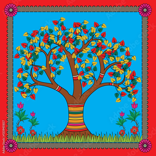 Madhubani Painting: Tree of Life with Multicolored Leaves. Madhubani art, Mithila painting. Indian folk art, Madhubani colorful tree