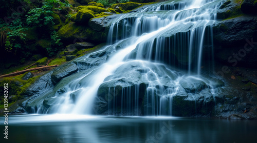 Gentle Waterfall into Serene Pool, Waterfall Over Smooth Rocks, Tranquil Waterfall and Clear Pool, Cascading Waterfall in Lush Greenery, Peaceful Waterfall in Nature, Calm Waterfall and Green Surround