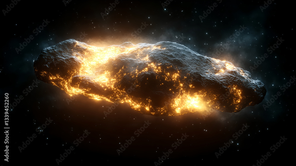 Fototapeta premium Celestial Inferno: A colossal asteroid blazes with radiant, fiery energy, hurtling through the infinite expanse of space, a dramatic spectacle of cosmic power.