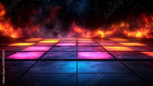 Glowing neon floor with fire and smoke.