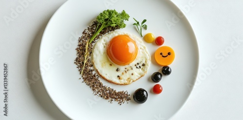 An artistic plate featuring a creative sunny side up egg