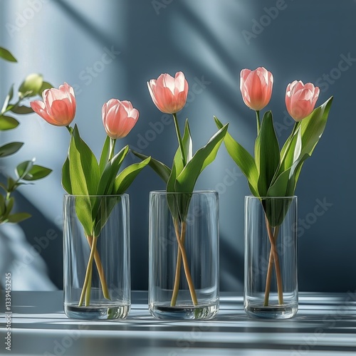 Pink Tulips in Clear Glass Vases Grace a Table Against a Blue Background