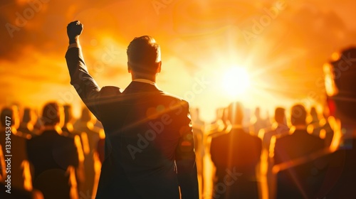A Visionary Leader: Silhouette of a determined leader with an upraised fist, standing before a crowd as the sun sets, symbolizing leadership, inspiration, and motivation