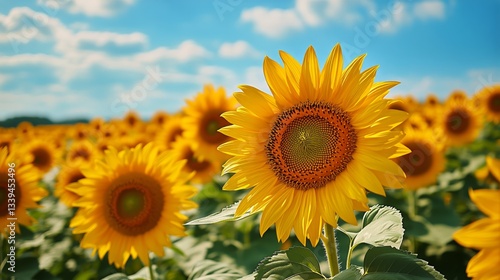Sunflower Field Blooms Under Sunny Skies, Summer Day at Agricultural Farm Lan...