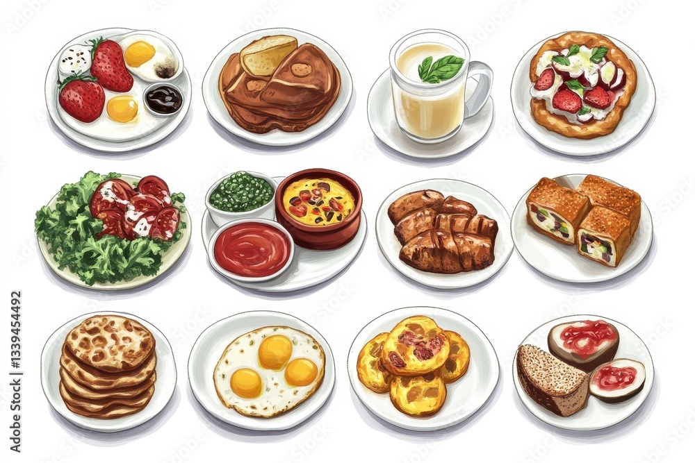 Twelve Various Illustrated Dishes Placed Neatly on White Backgrounds Twelve Various Illustrated Dishes Placed Neatly on White Backgrounds