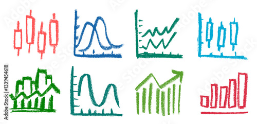 Business Growth Chart Icon Crayon Chalk Drawing Vector Set