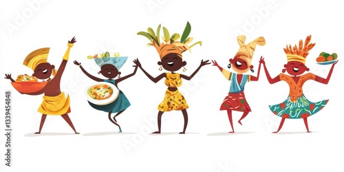 Wallpaper Mural Five African women celebrate with food in animated cartoon illustration Torontodigital.ca