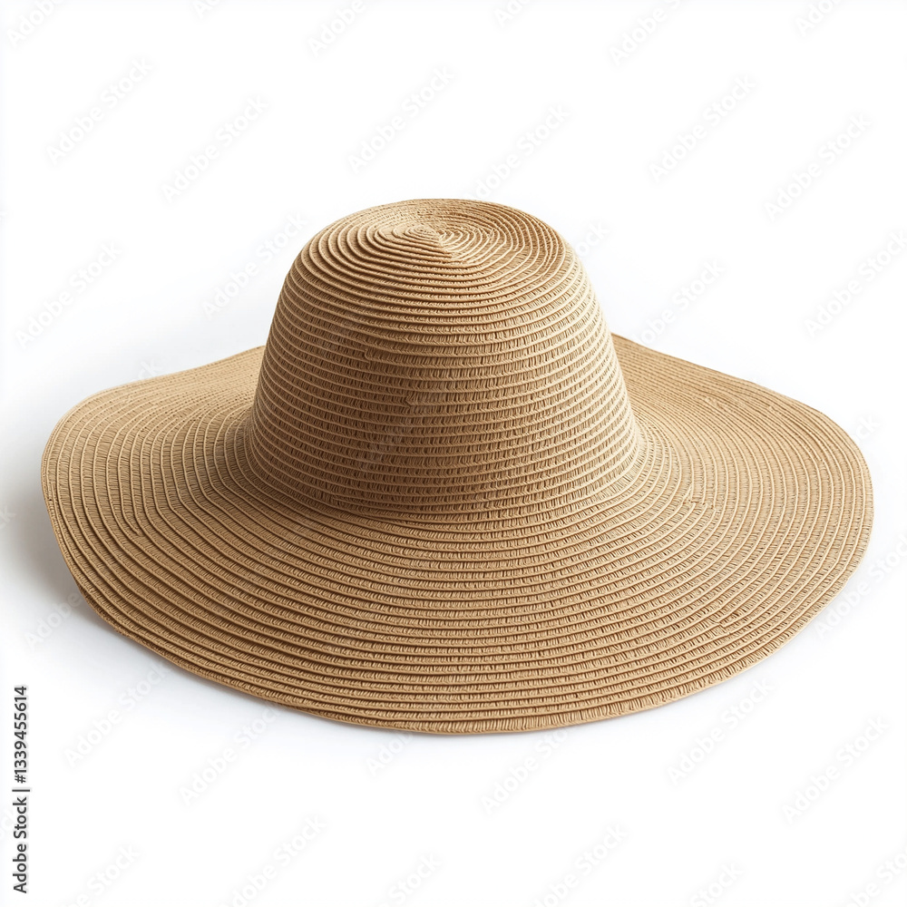 beige sun hat with a wide brim, Isolated on white Background. beige sun hat with a wide brim, Isolated on white Background.